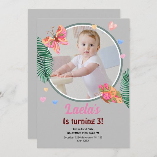 灰色の最初の誕生日バタフライ招待状と写真 招待状 (正面/裏面)