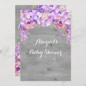灰色の木の紫の水色の花ベビーシャワー 招待状 (正面/裏面)