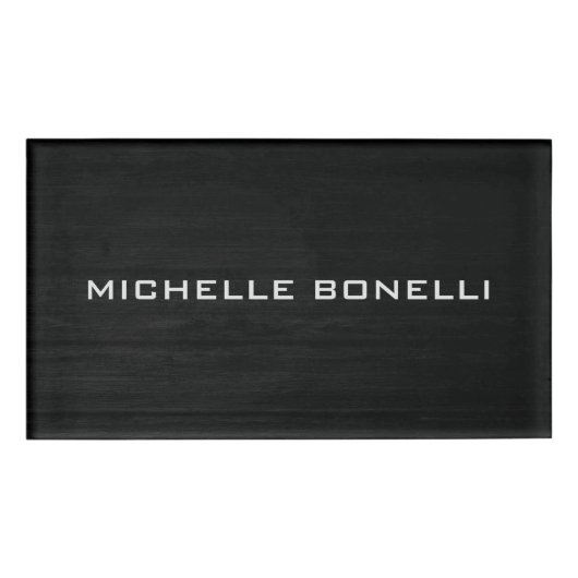 灰色の木材デザイン背景の読み取り可モダン 名札 (正面)