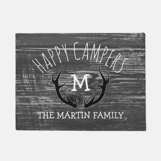 灰色の木製のシカの(雄ジカの)枝角の姓のご機嫌な人 ドアマット (正面)