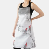 灰色の枝に冬の赤い鳥パターンモノグラム エプロン (インサイチュ)