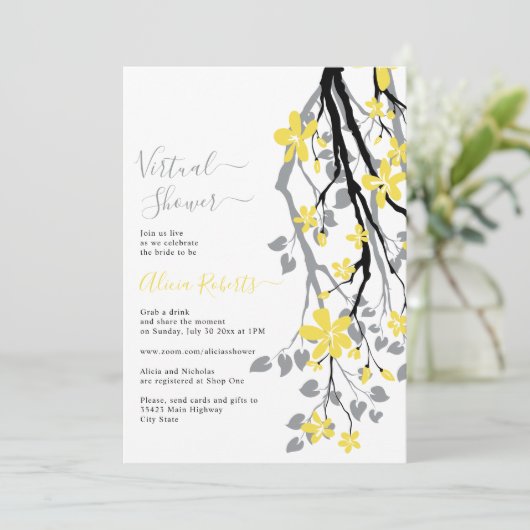 灰色の枝、黄色の花の仮想ブライダルシャワー 招待状 (スタンド正面)
