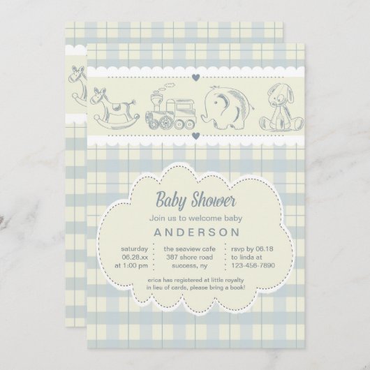 灰色の格子縞のベビーシャワーの招待状 招待状 (正面/裏面)