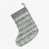 灰色の楽譜の銀の雪片のフェイクなグリッター スモールクリスマスストッキング (裏面 (吊り時))