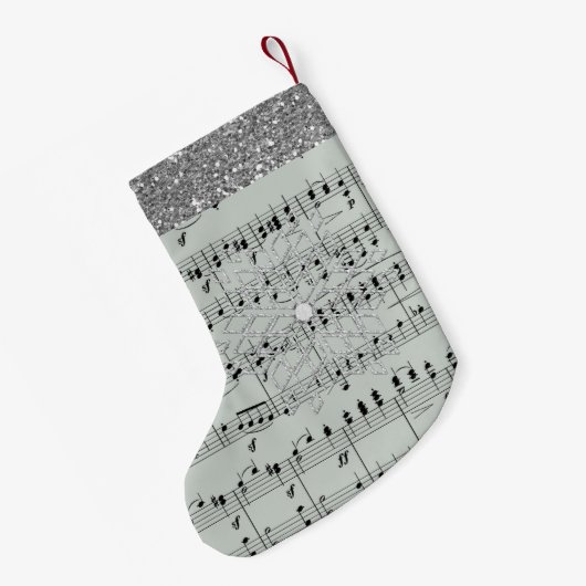 灰色の楽譜の銀の雪片のフェイクなグリッター スモールクリスマスストッキング (裏面 (吊り時))