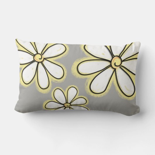 灰色の模様の大きな白い黄色のデイジーの花 ランバークッション (裏面)