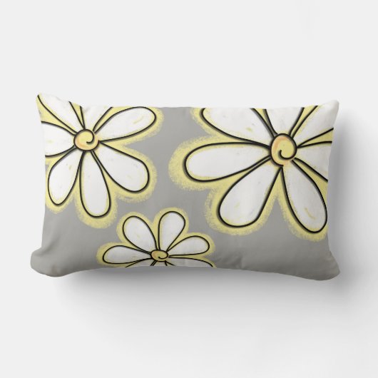 灰色の模様の大きな白い黄色のデイジーの花 ランバークッション (正面)