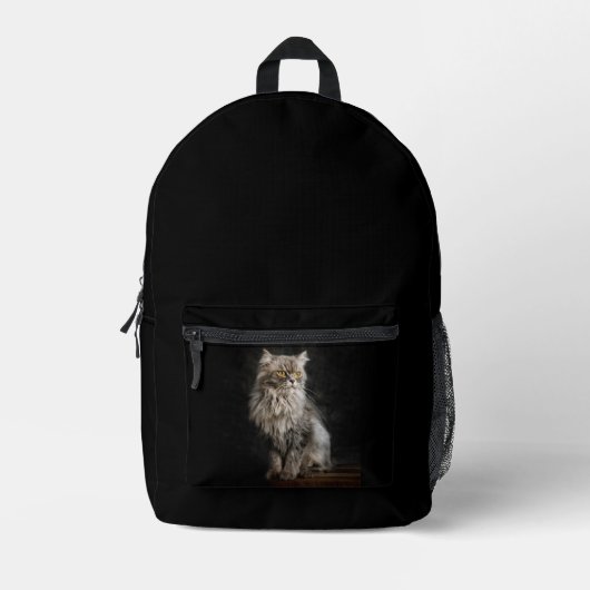 灰色の毛の生えた猫 プリントバックパック (正面)