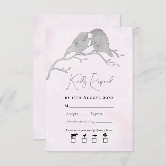 灰色の水の色のラブバードのブランチ淡い色のピンク 出欠カード (正面/裏面)