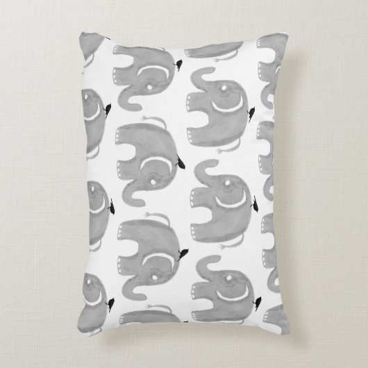 灰色の水彩画手塗り象の黒の鳥 アクセントクッション (正面(垂直))