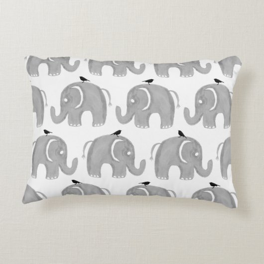 灰色の水彩画手塗り象の黒の鳥 アクセントクッション (裏面)