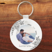 灰色の水色の花、緑の葉花写真 キーホルダー (正面)