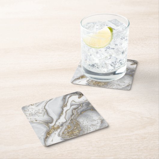 灰色の液体の大理石 – 真珠と金ゴールド スクエアペーパーコースター (インサイチュ)