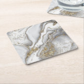 灰色の液体の大理石 – 真珠と金ゴールド スクエアペーパーコースター (アングル)