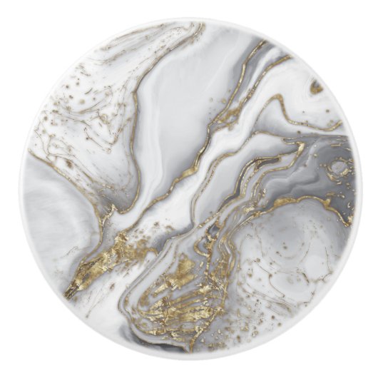 灰色の液体の大理石 – 真珠と金ゴールド セラミックノブ (正面)