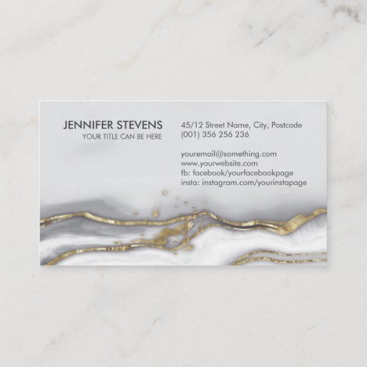 灰色の液体大理石 – 真珠と金ゴールドモノグラム 名刺 (裏面)