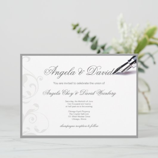灰色の渦巻き型の万年筆結婚式招待状 招待状 (スタンド正面)