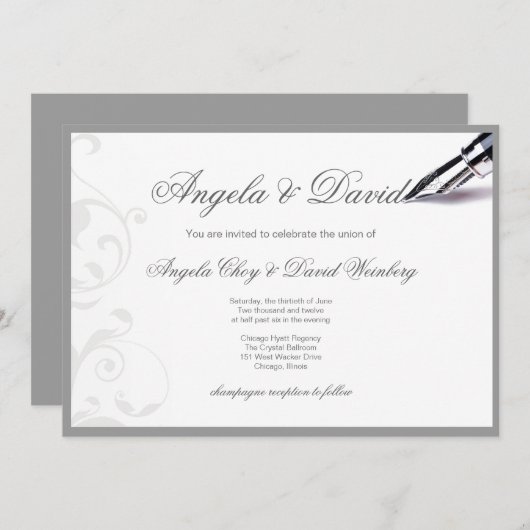 灰色の渦巻き型の万年筆結婚式招待状 招待状 (正面/裏面)