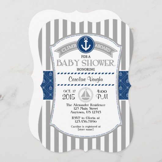 灰色の灰色の青く航海のなベビーシャワーの招待状 招待状 (正面/裏面)