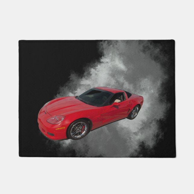 灰色の煙の取り外し可能な背景を持つ赤いコルベット ドアマット (正面)