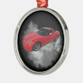 灰色の煙の取り外し可能な背景を持つ赤いコルベット メタルオーナメント (左)
