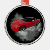灰色の煙の取り外し可能な背景を持つ赤いコルベット メタルオーナメント (正面)