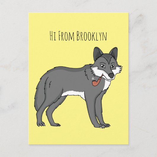 灰色の狼とパイプカートゥーンイラストレーション ポストカード (正面)