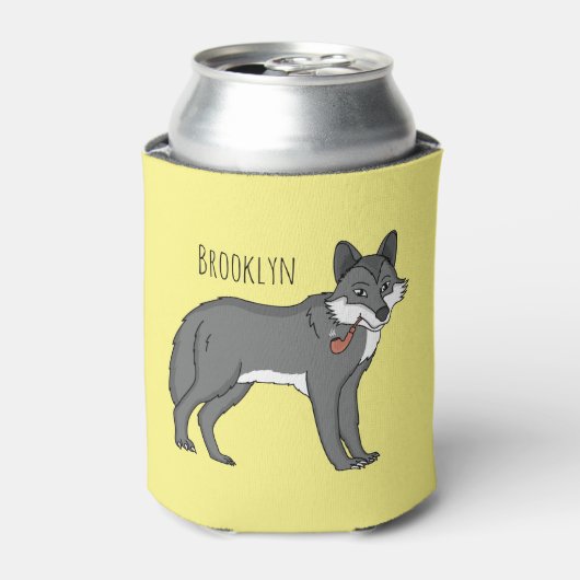 灰色の狼とパイプカートゥーンイラストレーション 缶クーラー (缶正面)