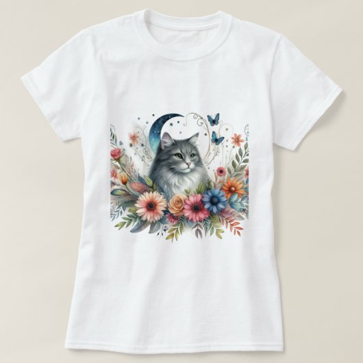 灰色の猫と青い蝶の花柄  Tシャツ (デザイン正面)