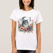 灰色の猫と青い蝶の花柄  Tシャツ (正面)