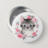 灰色の猫に花。水彩画 缶バッジ (正面&裏面)