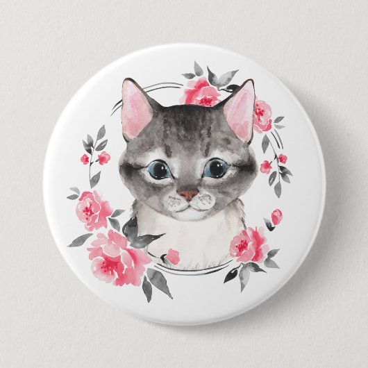 灰色の猫に花。水彩画 缶バッジ (正面)