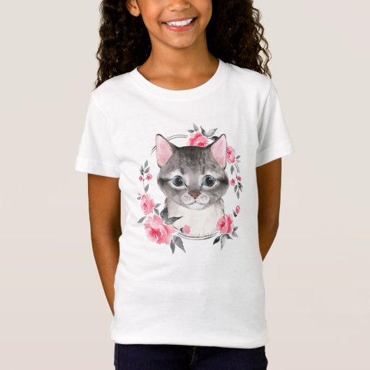 灰色の猫に花。水彩画 Tシャツ (正面)