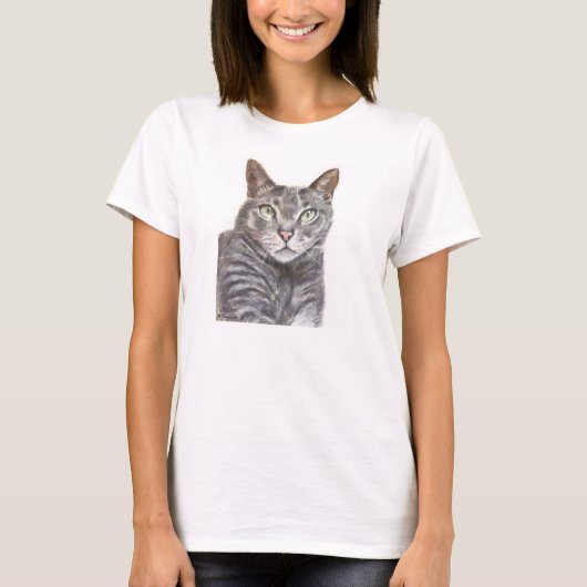 灰色の猫の緑の目絵画の Tシャツ (正面)