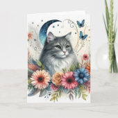 灰色の猫の蝶の花柄 カード (正面)