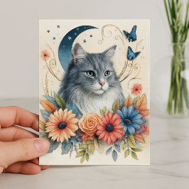 灰色の猫の蝶の花柄  カード