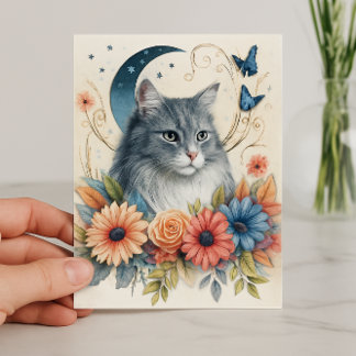 灰色の猫の蝶の花柄 カード