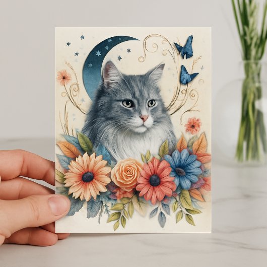 灰色の猫の蝶の花柄 カード