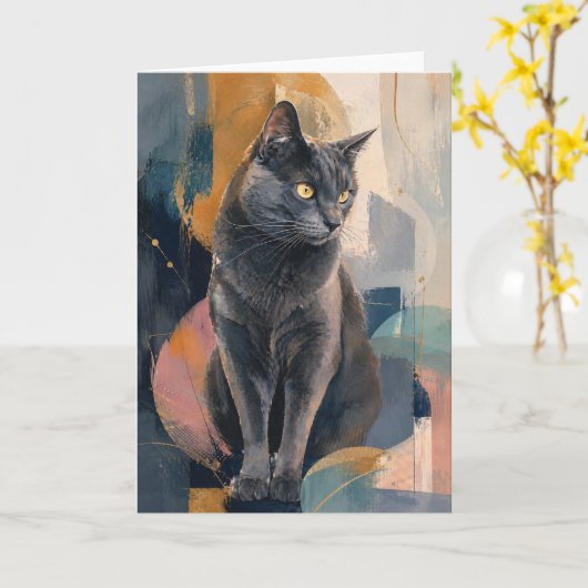 灰色の猫の金の視線 カード (黄色い花)
