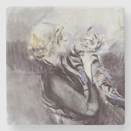 灰色の猫を飼っている女性(byジョバンニ・ボルディーニ) ストーンコースター (正面)