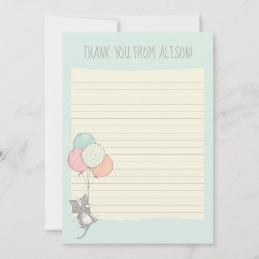 灰色の猫(バルーン付き)小線付きフラットパネル サンキューカード (正面)