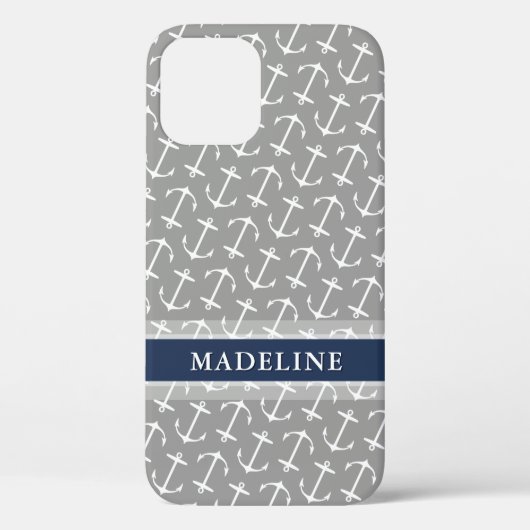 灰色の白いいかりパターンの海軍名 Case-Mate iPhoneケース (裏面)