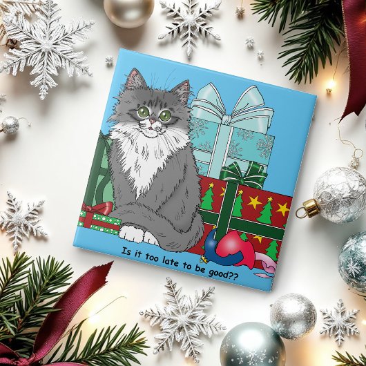 灰色の白いクリスマスの子猫 タイル