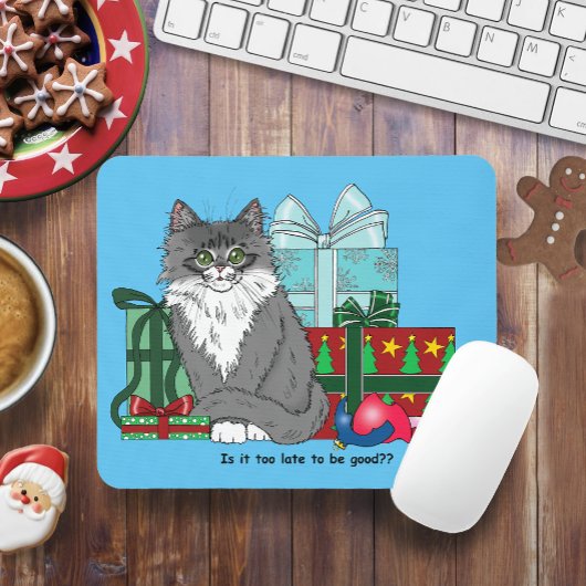 灰色の白いクリスマスの子猫 マウスパッド