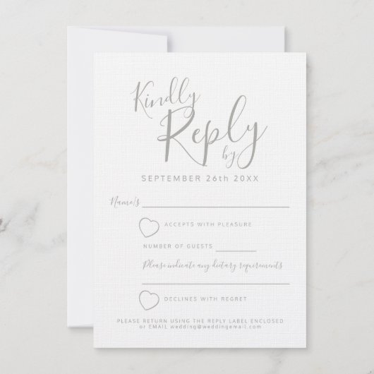 灰色の白いハート結婚の返信RSVP 招待状 (裏面)