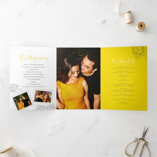 灰色の白いレモンの黄色の花の写真結婚の 三つ折りプログラム (内部)