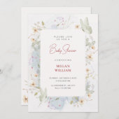 灰色の白いワイルドフラワーウォーターカラーベビーシャワー 招待状 (正面/裏面)