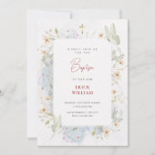 灰色の白いワイルドフラワー水色バプテスマ 招待状 (正面)