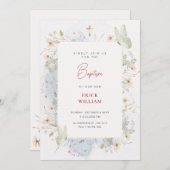 灰色の白いワイルドフラワー水色バプテスマ 招待状 (正面/裏面)