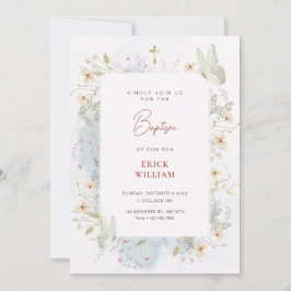 灰色の白いワイルドフラワー水色バプテスマ 招待状